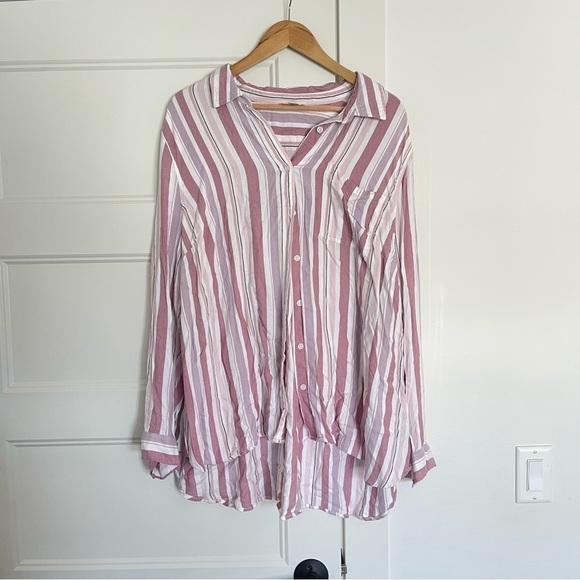 Terra & Sky Tops - Terra & Sky Womens Top Plus Size 2X 20W-22W Pockets Striped Button Up Pink